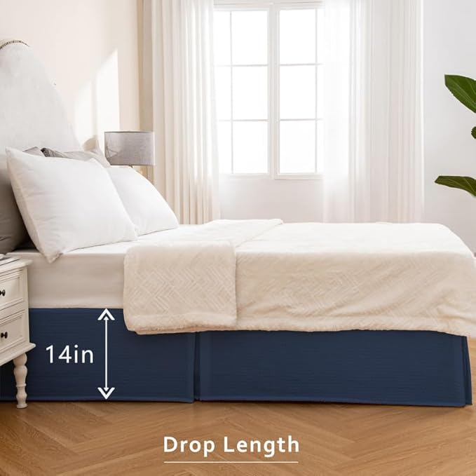MIYE Pleated Waffle Weave Bed Skirt, Tailored Dust Ruffle 14 Inch Drop Easy Fit, Machine Washable (Navy Blue, Full - 14" Drop)