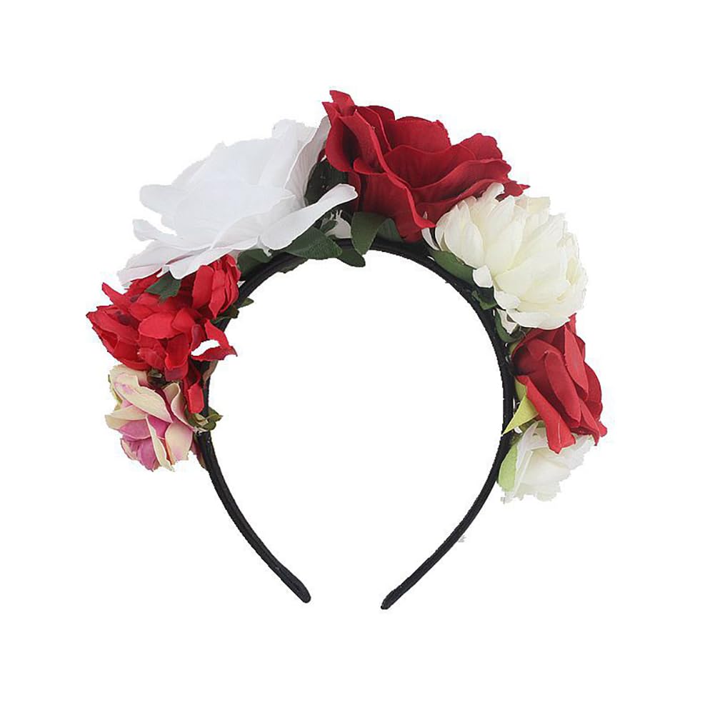 Lofruiin Women's Bohemian Rose Flower Crown Mexican Day of The Dead Headband Halloween Party Costume Headpiece (White Red, Free)