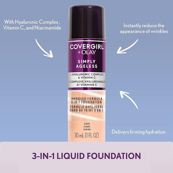 COVERGIRL & olay simply ageless 3-in-1 liquid foundation, nude beige, pack of 2, 1 Ounce