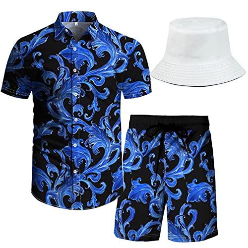 RPOVIG Beach Outfit Matching Shirts Shorts Men's Hawaiian Festival Floral Clothes 2 piece Sets with Bucket Hat