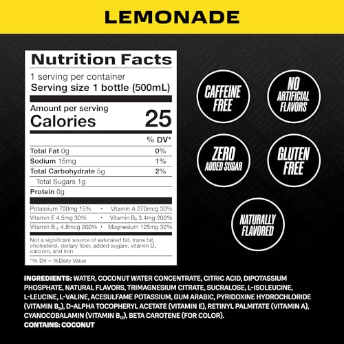 PRIME Hydration LEMONADE, Sports Drinks, Electrolyte Enhanced for Replenishing Fluids, 250mg BCAAs, B Vitamins, Antioxidan...