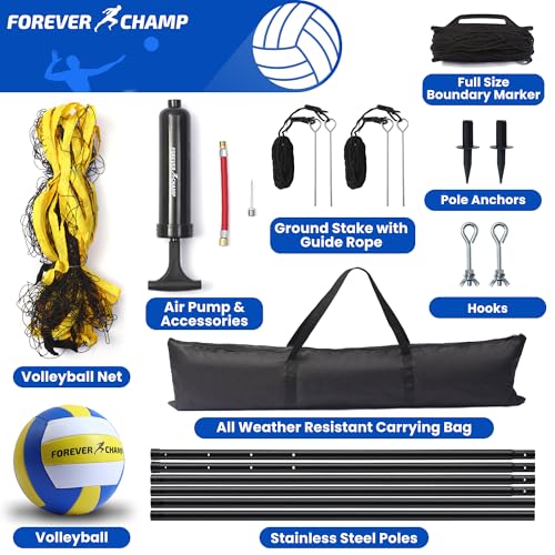 Forever Champ Volleyball Net for Backyard, Beach, Home, Includes 32x3 Ft Regulation Size Net, 8.5-Inch PU Volleyball, Carr...