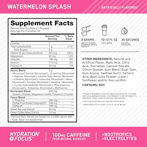 Optimum Nutrition Amino Energy Powder Plus Focus, with BCAA, Electrolytes, and Caffeine, Watermelon, 30 Servings (Packagin...