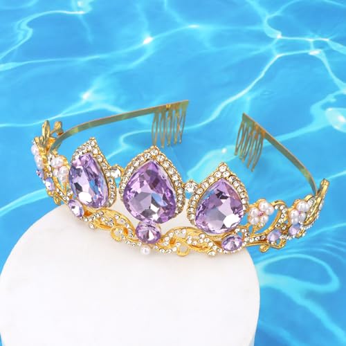 Semato Purple Princess Crown Halloween Cosplay Tiara Purple Crystal Crown for Party and Birthday Gifts