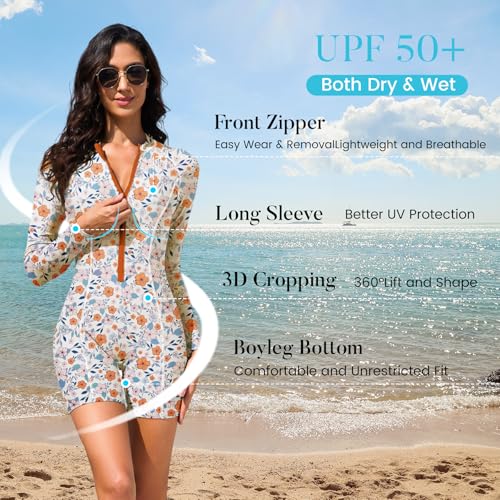 Zando Womens UPF50+ Tummy Control Rash Guard Long Sleeve Swimsuits One Piece with Front Zipper & Boyleg for Surfing Swimming