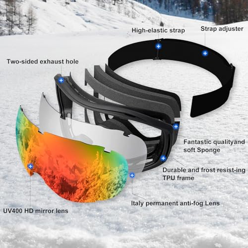 SPOSUNE OTG Ski Goggles Men Women, Over Glasses Anti Fog Snowboard Goggles, UV Protection Snow Goggles for Adult & Youth