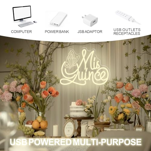 Mis Quince Neon Sign with Engraved Butterfly Design, Warm White Dimmable LED Light for Quinceañera Decorations, Sweet 15 B...