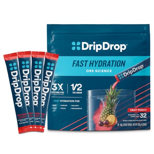 DripDrop Hydration Packets - Fruit Punch - Single Serve Electrolytes Powder Drink Mix - Non-GMO, Gluten Free, Vegan - 32 S...