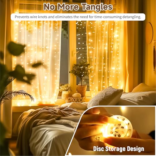 HXWEIYE 300LED Untangled Curtain Lights, 9.8x9.8Ft USB Fairy Twinkle String Lights with Remote and DIY Timer, 8 Modes Wind...