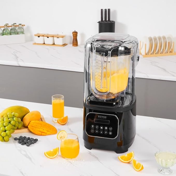 VEVOR Professional Blender with Shield, Commercial Countertop Blenders, 68 oz Jar Blender Combo, Stainless Steel 9 Speed & 5 Functions Blenders, for Shakes, Smoothies, Peree, and Crush Ice, Black