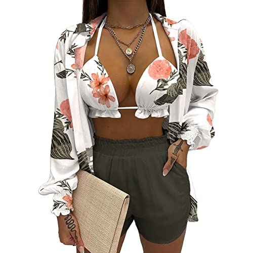 CCIGO Womens 3 Piece Outfits Floral Shirt Bra + Shorts with Pockets Casual Tracksuits Set Beach Cover up Sets