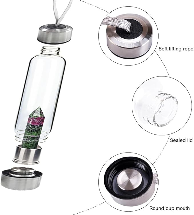 Crystal Glass Water Bottle,Water Bottle With Gemstone Center Crystal Elixir Bottle,Removable Gemstones Creative Water Cup Crystal Column Magic Wand Energy Cup for Gifts (D-Red Green Treasure)