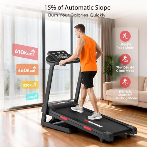 Treadmill with Incline for Home, WENOKER 15% Auto Incline Treadmill with Handrail 300 lbs Capacity, 3.0HP Quiet Walking Pa...