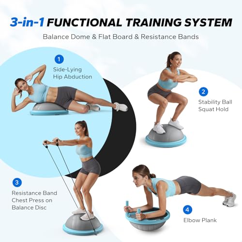MERACH Balance Ball Trainer, 18 Inch Half Exercise Ball with Resistance Bands and Foot Pump, Half Yoga Ball for Core Stren...