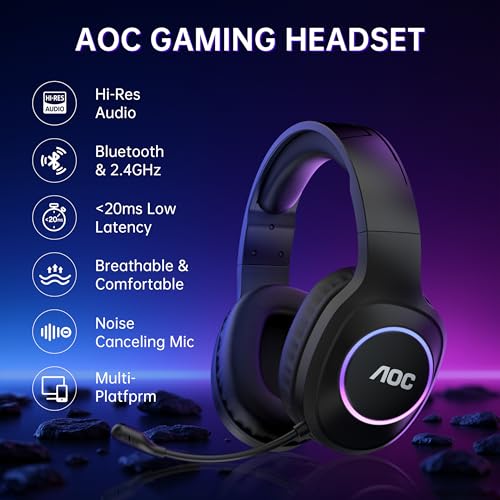 AOC Wireless Gaming Headset Compatible with PS5/4, Nintendo Switch, PC, Bluetooth 5.4 & 2.4GHz Gaming Headphones with Nois...