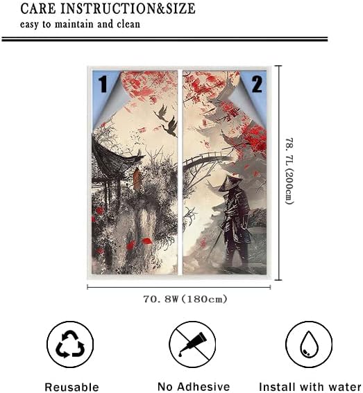Vintage Japanese Samurai Air Window Film Watercolor Ink Ancient Cherry Blossom Red Sunblackout Window Film,Playroom Window Film 35.4Wx78.7L-Inch X2Pcs