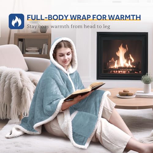 Sealy Heated Throw Wearable Shawl Wrap with Pockets, Reversible Flannel to Sherpa Electric Blanket Hoodie Poncho with 6 He...