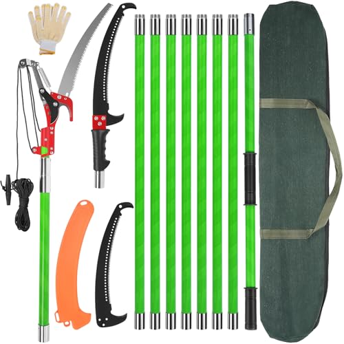 30 Ft Manual Pole Saw, Extendable Tree Pruner Blade and Scissors Set with 9 Fiberglass Handles, Long Branch Pruner Retract...