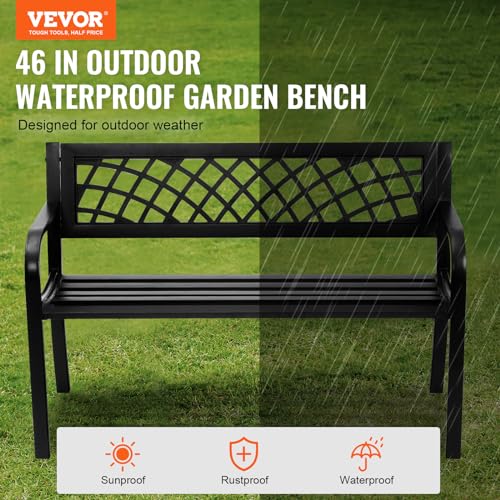 VEVOR Outdoor Bench, 46" Iron Steel Frame Garden Park Bench with Mesh Pattern and Plastic Backrest Armrests, Patio Bench f...