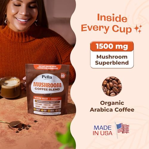 Pella Nutrition Organic Mushroom Instant Coffee (60 Servings) with 7 Superfood Mushrooms, Great Tasting, Includes Lion's Mane, Reishi, Chaga, Cordyceps, Shiitake, Maitake, and Turkey Tail