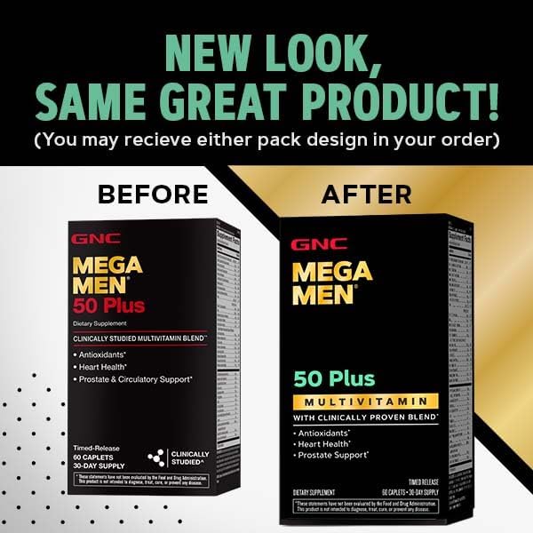 GNC Mega Men 50 Plus Multivitamin Caplets, Clinically Proven, Heart & Prostate Health, B Vitamins, Saw Palmetto, Memory, Vitamin D-3, 60 count