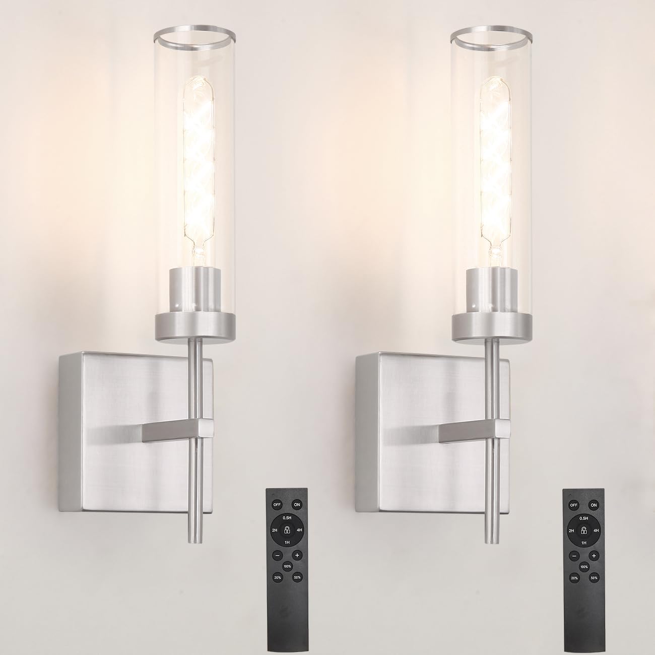 DSMJFU Modern Brushed Nickel Wall Sconce Set of 2, USB Rechargeable, Wireless, 15.94in, Metal, Remote Control, Model DX23082N1-CL-