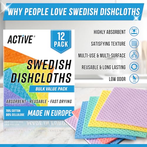 ACTIVE Swedish Dish Cloths for Kitchen 12 Pack Cellulose Sponge Cloth, Washable Dishcloths for Washing Dishes, Original Eu...