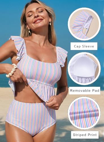 Dokotoo Two Piece Tankini Swimsuits for Women 2026 Square Neck Ruffle Cap Sleeve Bathing Suits Striped Swim Suits