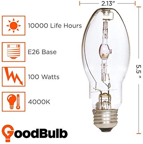 Goodbulb Mp100/U/Med Metal Halide Hid Light Bulb 100W E26 Base Edx17 Ansi Code M90 High Output Hid Light 4000K Cool White Light Color Clear Finish | Car Dealership Lighting 2 Pack