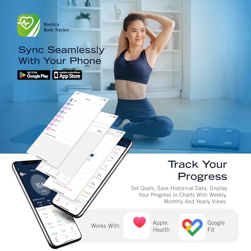 Nautica Body Tracker Digital Bathroom Scale, Bluetooth-Enabled Smart Scale with BMI, Body Fat, Muscle Mass Tracking & Mor...