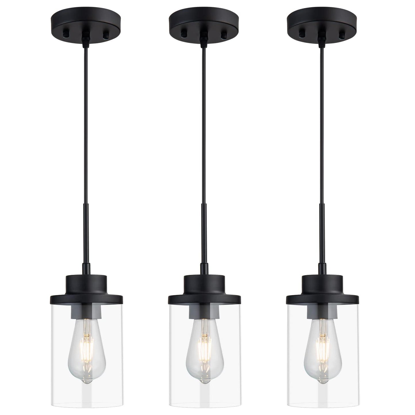 DALIVOL Modern Black Pendant Light Fixture, 3-Pack Clear Glass Cylinder, Ideal for Kitchen, Dining Room, Bedroom & Hallway