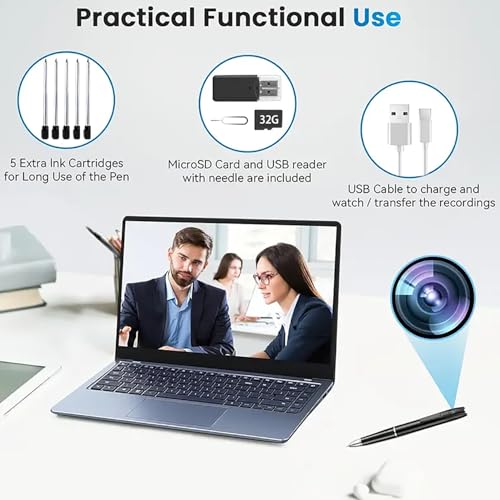 Covert Pen Camera with 1080p HD Video, Discreet Body Wearable Cam with 70-Min Battery & 32GB SD Card for Business, Evidenc...