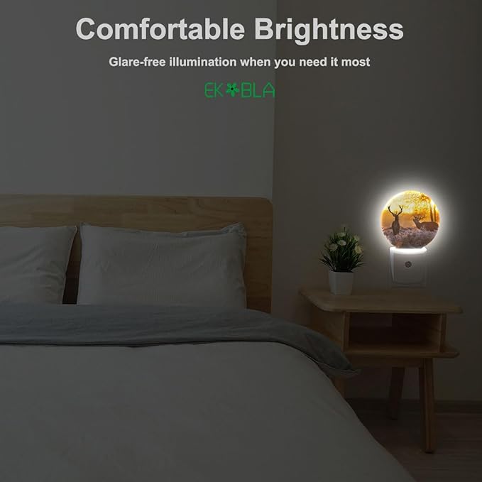 EKOBLA Deer Night Lights Plug into Wall Deer Elk Animals River Creek Autumn Woods Night Light with Dusk to Dawn Sensor LED Lamp for Men Women Boys Girls