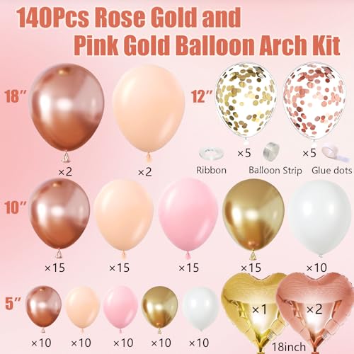 Rose Gold Balloon Garland Arch Kit, 140Pcs Nude Pastel Pink Metallic Gold White Balloons Gold and Rose Gold Confetti Ballo...
