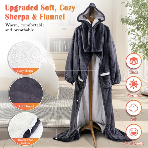 Wearable Heated Blanket with Heated Foot Pocket, Electric Wearable Throw Blanket with Sleeves, Hood, Foldable Foot Pocket,...