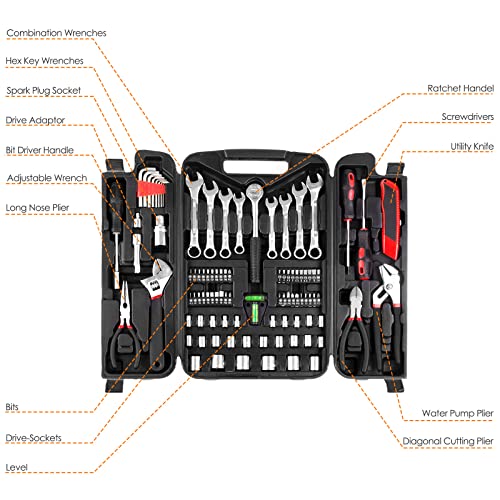 TLGREEN 95 Piece Tool Set, Tool Kit, Mechanics Tool Set, Portable Toolbox with Adjustable Wrench Pliers Socket Bits, with ...