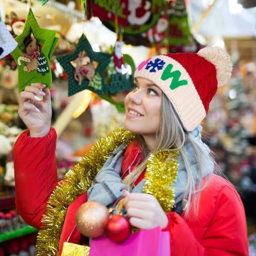 LILLBJORNEN Christmas Merry Beanie for Women Winter Crochet Hat Chunky Cable Knit Pompom Santa Hat