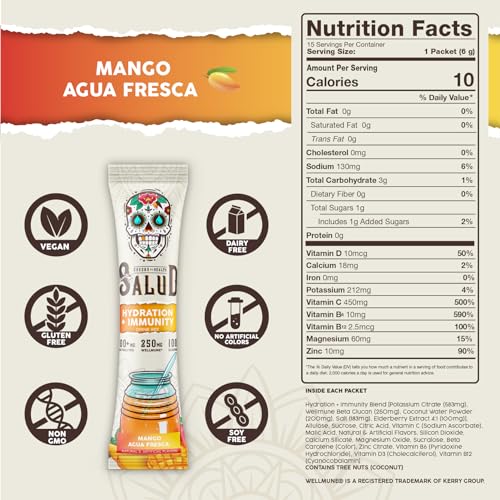 Salud 2-in-1 Hydration Packets + Immunity Electrolytes Powder, Mango - Agua Fresca Drink Mix, Elderberry, Dairy & Soy Fre...