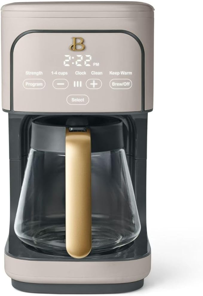 Beautiful 12-Cup Programmable Coffee Maker with Touch Activated Display, Auto Brew Timer, Reusable Filter, Large Glass Carafe (Porcini Taupe)