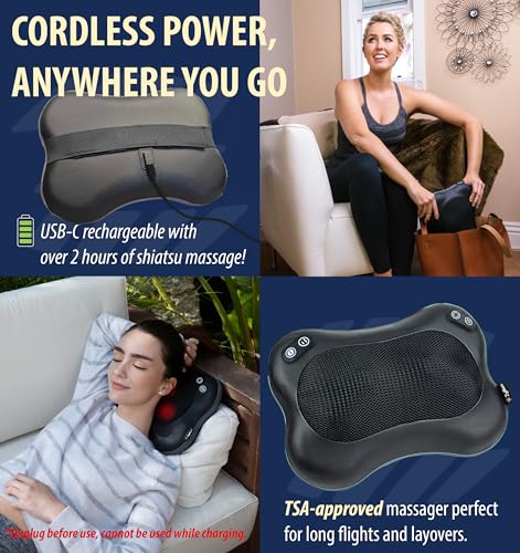 Zyllion Shiatsu Back and Neck Massager with Heat - Cordless Rechargeable 3D Electric Kneading Deep Tissue Massage Pillow w...