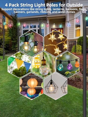 LRYXEG String Light Poles for Outside 4 Pack, 10ft Metal Outdoor String Light Poles for Deck - Ideal for Patio, Garden, Ya...