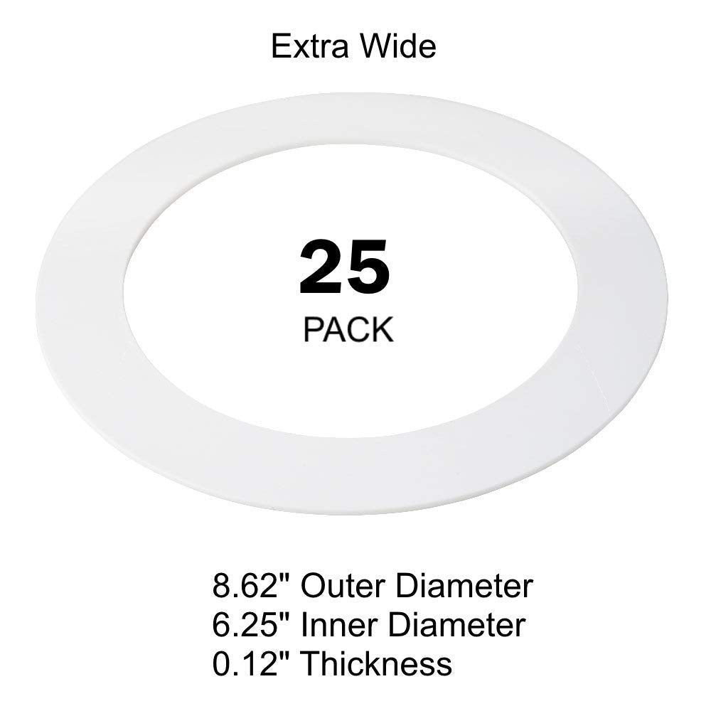 harrrrd 25 Pack Gloss White Goof Trim Ring for 8in Recessed Can Lighting, 8.6in Outer Diameter, 6.2in Inner Diameter, Plastic