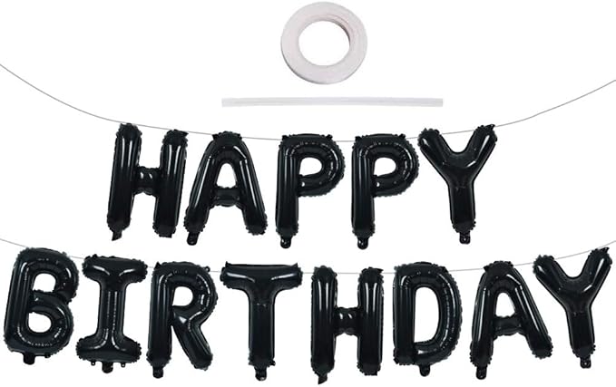 TONIFUL Black Happy Birthday Balloons Banner 16 Inch Mylar Foil Letters Birthday Sign Banner Bunting Reusable for 30th 40t...