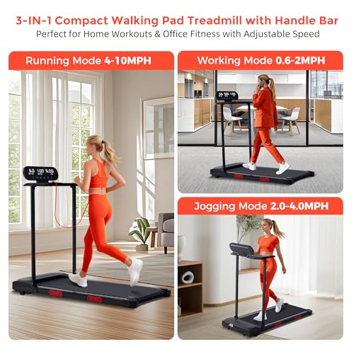 Electric Walking Pad with Handle Bar, 3.5HP Compact Walking Pads Treadmill with Handles, 0.6-10.0MPH Portable Small Treadm...