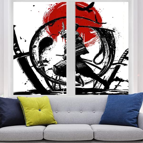Japanese Samurai Decorative Window Film Watercolor Ink Samurai Sword Red Sun Printdining Room Window Film,Dorm Room Glass Film 23.6Wx47.2L-Inch X2Pcs