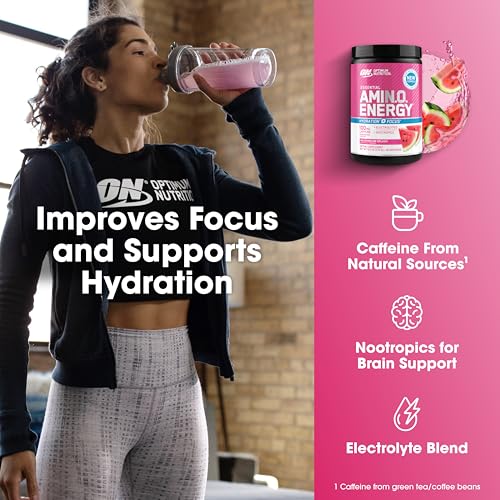 Optimum Nutrition Amino Energy Powder Plus Focus, with BCAA, Electrolytes, and Caffeine, Watermelon, 30 Servings (Packagin...