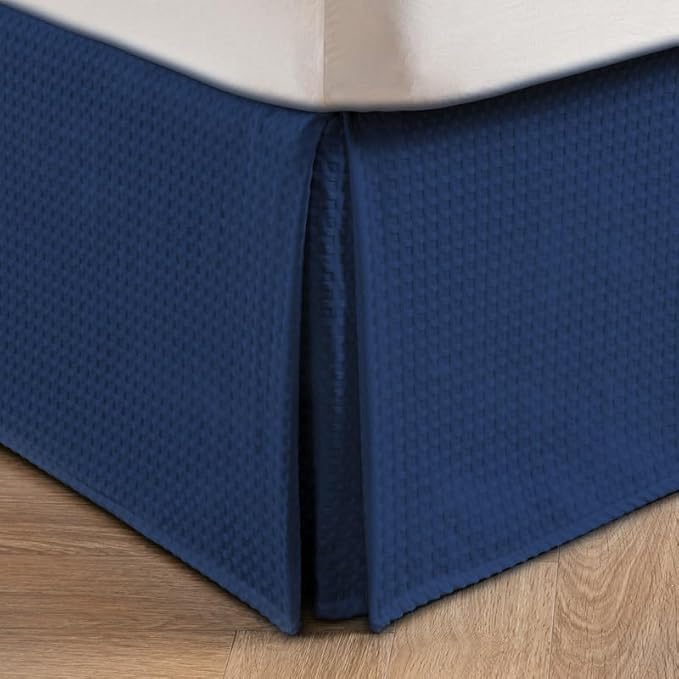MIYE Pleated Waffle Weave Bed Skirt, Tailored Dust Ruffle 14 Inch Drop Easy Fit, Machine Washable (Navy Blue, Full - 14" Drop)