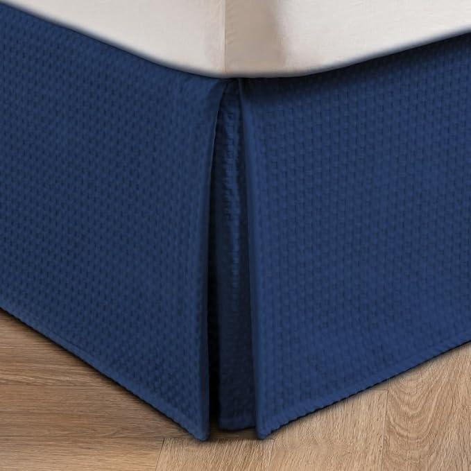 MIYE Pleated Waffle Weave Bed Skirt, Tailored Dust Ruffle 14 Inch Drop Easy Fit, Machine Washable (Navy Blue, King - 14" Drop)
