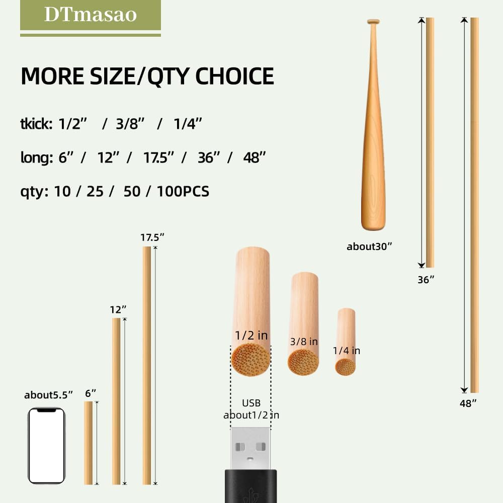 1/4 x 17.5 Inch 100 PCS Dowel Rods Wood Sticks Wooden Dowel Rods - Unfinished Bamboo Sticks - for Crafts and DIYers