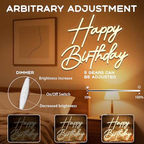 Happy Birthday Neon Sign for Wall Decor, Dimmable LED Happy Birthday Light Up Sign, Happy Birthday Sign for All Birthday P...